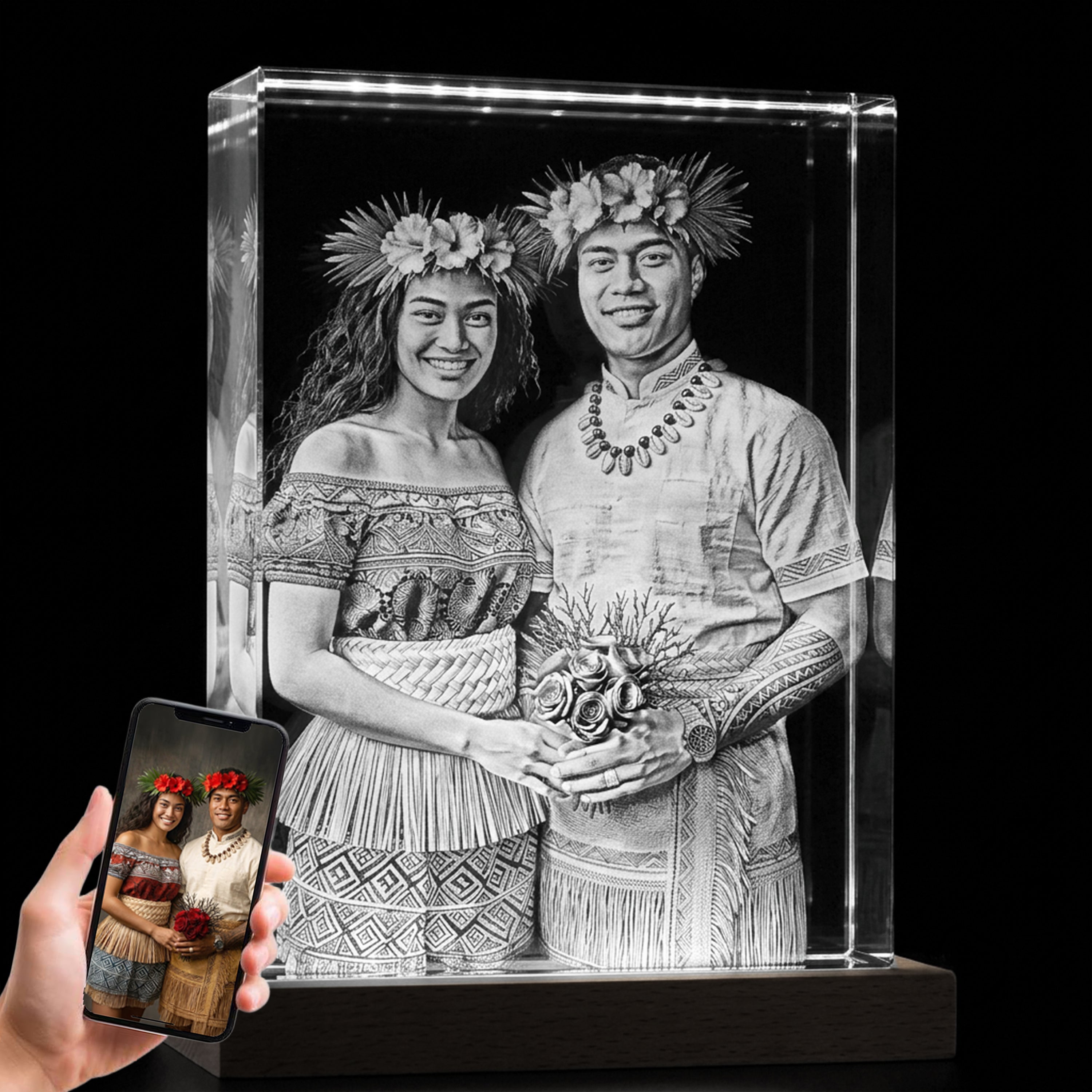 A jumbo 3D photo crystal rectangle shaped crystal with a Samoan couple laser engraved inside.
